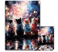 Puzzles 1000 pièces pour Adultes Chat regardant des Feux d'artifice Puzzles en Bois au Design Complexe pour Adolescents, décoration DIY et Divertissement Stimulant pour Le Cerveau 50x75cm