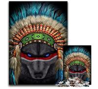Puzzles 1000 pièces pour Adultes Chef de Guerre Indien Loup Puzzles en Carton Jeu de défi cérébral pour Adolescents et Interaction familiale 26x38cm