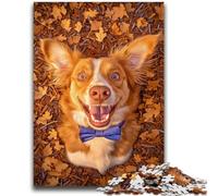 Puzzles 1000 pièces pour Adultes Chien dans Les Feuilles mortes Difficile à compléter mais Amusant et Humoristique avec Affiche et Feuille de Questions correspondantes 26x38cm