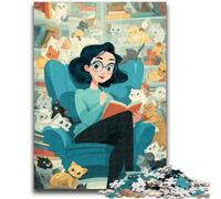 Puzzles 1000 pièces pour Adultes et Adolescents Chat et Fille lisant, Divertissement en Famille avec Affiche et fiche de Questions-réponses pour Les 14 Ans et Plus, 50x75cm