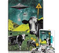 Puzzles 1000 pièces pour Adultes et Adolescents, Vaisseau Spatial Extraterrestre et Vaches, Jeu Stimulant et Familial, Collection d'artistes, Beaux-Arts, à partir de 14 Ans, 38x26cm