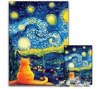 Puzzles 1000 pièces pour Adultes et Adolescents, Van Gogh, Ciel Nocturne, Chat, Puzzles en Carton, Jeux éducatifs, avec Affiche et fiche de Questions-réponses, pour Les 14 Ans et Plus, 26x38cm