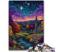 Puzzles 1000 pièces pour Adultes et Adolescents Village sous Le Ciel Nocturne Anti-Stress Défi Difficile avec Affiche et fiche de Questions-réponses Assorties 26x38cm