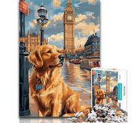 Puzzles 1000 pièces pour Adultes Golden Retriever sous Big Ben 1000 pièces pour Adolescents avec Affiche Assortie et fiche de Questions pour Les 14 Ans et Plus 38x26cm