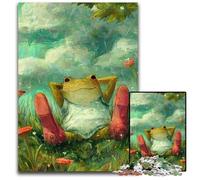 Puzzles 1000 pièces pour Adultes Grenouille Assise sur l'herbe Puzzles en Bois Casse-tête, Anniversaire et Cadeaux Uniques pour Les 14 Ans et Plus 50x75cm