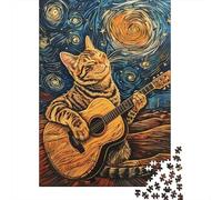 Puzzles 1000 Pièces pour Adultes Guitar Playing Cat Art Print Adolescents Puzzles Jeu Familial Défi Difficile Cadeaux Anti-Stress 52x38cm/1000pcs