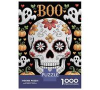 Puzzles 1000 Pièces pour Adultes Halloween Embroidery Skull with Pumpkins and Ghosts Adolescents Puzzles Jeux De Détente Cadeaux pour Femmes Cadeaux pour Amis Et Famille 52x38cm/1000pcs