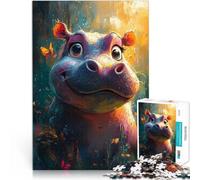 Puzzles 1000 pièces pour Adultes Hippopotame Souriant avec des Papillons Fait de Bois Convient aux 14 Ans et Plus Activités familiales Cadeau d'anniversaire。Taille：50x75cm/19.68x29.52pouce
