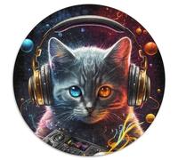 Puzzles 1000 pièces pour Adultes Neon DJ Cat Puzzles Ronds 1000 pièces pour Adultes Parfait pour s'amuser en Famille, Jeux de société, Cadeaux de fête d'anniversaire 67,5 x 67,5 cm