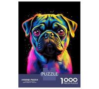 Puzzles 1000 Pièces pour Adultes Neon Pug Portrait Dog Adolescents Puzzles Jeu Familial Défi Difficile Cadeaux Anti-Stress 52x38cm/1000pcs