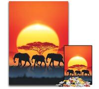 Puzzles 1000 pièces pour Adultes ou familles Éléphant au Coucher du Soleil Puzzles en Bois Casse-tête éducatif, Décoration Artistique pour la Maison et Le Bureau, 14 Ans et Plus 50x75cm