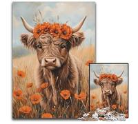 Puzzles 1000 pièces pour Adultes ou familles Vache des Highlands avec Fleurs Orange Puzzles en Carton pour Le Plaisir en Famille,Anniversaires Uniques et Cadeaux pour Les Enfants de 14 Ans et Plus