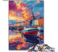 Puzzles 1000 pièces pour Adultes Port au Coucher du Soleil Puzzles en Bois pour Adultes Jeu cérébral Stimulant à Faire soi-même, activité familiale Interactive (Taille 26x38cm)