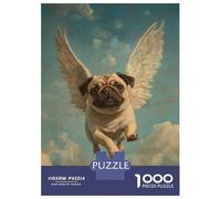 Puzzles 1000 Pièces pour Adultes Pug Angel Dog Loss Tribute Print Flying Pug with Wings Puzzles pour Adultes, Jeux De Détente, Cadeaux pour Femmes, Cadeaux d'anniversaire Et De Noël Uniques 38x26cm/