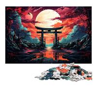 Puzzles 1000 pièces pour Adultes Puzzles colorés psychédéliques de Pleine Lune sur la Porte Torii Cadeaux d'anniversaire pour Adolescents de 14 Ans et Plus 1000 pièces (75 x 50 cm)