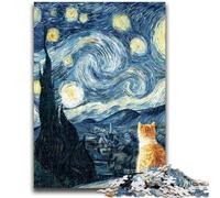 Puzzles 1000 pièces pour Adultes Van Gogh Night Sky Cat Difficile et Stimulant avec Affiche et fiche de Questions correspondantes pour Les 14 Ans 50x75cm