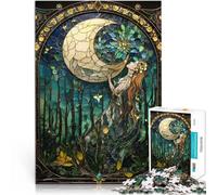 Puzzles 1000 pièces pour Adultes Vitrail Lune et Femme Défi Difficile pour soulager Le Stress Une œuvre d'art 38x26cm