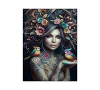 Puzzles 1000 Puzzles en Papier，Portrait d’Une Femme avec des Bijoux capillaires organiques Gris Multicolores et des Oiseaux du Paradis sur la Main（38x26cm）-AG66