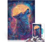 Puzzles 2000 pièces pour Adolescents Loup Hurlant à la Lune Cosmique Jeu intellectuel avec Affiche et Feuille de Questions correspondantes 70x100cm