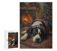 Puzzles 300 PCS pour Adolescents Bernese Mountain Dog Sleeping by Christmas Fireplace Jeu De Puzzle Casse-tête Anti-Stress Stimulant À Compléter 300 PCS