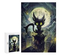 Puzzles 300 PCS pour Adolescents Cartoon Cat on Skyscraper at Night Puzzle pour Adultes : Un Jeu Manuel Amusant Et Humoristique pour Un Anniversaire Ou Noël 300 PCS