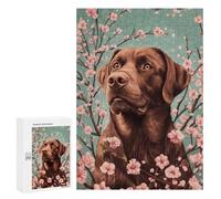 Puzzles 300 PCS pour Adolescents Chocolate Labrador with Cherry Blossoms Labrador Floral Wall Art Puzzles pour Adultes Jeu De Réflexion Cadeau d'anniversaire Difficile À Compléter 300 PCS
