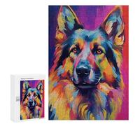 Puzzles 300 PCS pour Adolescents Colorful German Shepherd Painting Puzzles pour Adultes Améliore La Mémoire Défi Éducatif Réduction du Stress Cadeaux 300 PCS