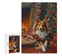 Puzzles 300 PCS pour Adolescents Cozy Christmas Shetland Sheepdog by Fireplace Painting Puzzles pour Adultes À Monter Soi-même - Jeux Éducatifs Et Amusants en Famille 300 PCS