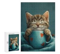 Puzzles 300 PCS pour Adolescents Cute Grey Tabby Cat Coffee Puzzle pour Adultes : Un Jeu Manuel Amusant Et Humoristique pour Un Anniversaire Ou Noël 300 PCS