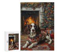`Puzzles 300 PCS pour Adolescents English Springer Spaniel by Fireplace Dog in Sweater Christmas Art Puzzles pour Adultes Jeux De Détente Découpe De Précision Offre Spéciale Cadeaux pour Toute La Fam