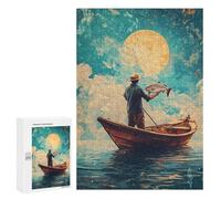 Puzzles 300 PCS pour Adolescents Fisherman Under Giant Moon Puzzles pour Adultes À Monter Soi-même - Jeux Éducatifs Et Amusants en Famille 300 PCS