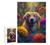 Puzzles 300 PCS pour Adolescents Golden Retriever in Flowers Puzzles pour Adultes Jeux Amusants Difficile Difficile À Compléter 300 PCS