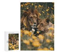 Puzzles 300 PCS pour Adolescents Lion Couple in Yellow Flowers-6 Puzzles pour Adultes Améliore La Mémoire Défi Éducatif Réduction du Stress Cadeaux 300 PCS