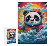 Puzzles 300 PCS pour Adolescents Panda Astronaut Surfing Rainbow Wave Puzzles pour Adultes Améliore La Mémoire Défi Éducatif Réduction du Stress Cadeaux 300 PCS