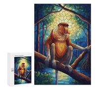 Puzzles 300 PCS pour Adolescents Proboscis Monkey Stained Glass Illustration Puzzles pour Adultes Jeu De Réflexion Cadeau d'anniversaire Difficile À Compléter 300 PCS