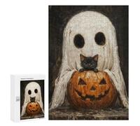 Puzzles 300 PCS pour Adolescents Spooky Cute Ghost and Black Cat with Pumpkin Puzzle pour Adultes : Un Jeu Manuel Amusant Et Humoristique pour Un Anniversaire Ou Noël 300 PCS