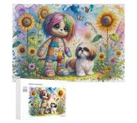 Puzzles 300 PCS pour Adultes Colorful Patchwork Doll with Shih Tzu in Sunflower Field Puzzles pour Adultes, Jouet, Décoration Murale, Améliore La Mémoire, Cadeau d'anniversaire, Cadeaux, 300 PCS