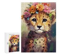 Puzzles 300 PCS pour Adultes Floral Crowned Leopard Cub Puzzles pour Adolescents Activités Familiales Défi Éducatif Jeu Stimulant Et Divertissement en Famille 300 PCS