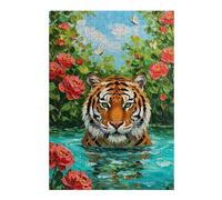 Puzzles 38x26cm/1000pcs pour Adolescents Tiger in Water with Flowers Painting Jeu De Puzzle Familial pour Adultes, Amusant Et Humoristique, pour Stimuler Le Cerveau 38x26cm/1000pcs