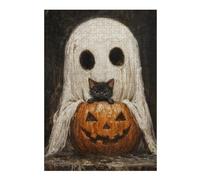 Puzzles 38x26cm/1000pcs pour Adultes Spooky Cute Ghost and Black Cat with Pumpkin Puzzles pour Adultes, Jouets À Monter Soi-même, Cadeaux pour Femmes (Anniversaire, Noël) 38x26cm/1000pcs