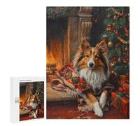 Puzzles 500 PCS pour Adolescents Cozy Christmas Shetland Sheepdog by Fireplace Painting Puzzles pour Adultes Décoration Murale Jouet Difficile, Difficile, Stimulant À Compléter 500 PCS
