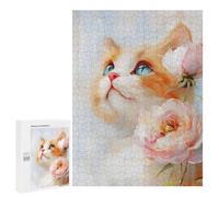 Puzzles 500 PCS pour Adolescents Cute Orange Tabby Cat with Peonies Jeu De Puzzle Casse-tête Anti-Stress Stimulant À Compléter 500 PCS