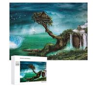 Puzzles 500 PCS pour Adolescents Fantasy Treehouse with Waterfalls and Lighthouse Scene Puzzles pour Adultes Jeux Relaxants Difficulté Défi Éducatif Difficile 500 PCS