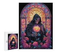 Puzzles 500 PCS pour Adolescents Gothic Reaper with Rose Stained Glass Artwork Puzzles pour Adultes Améliore La Mémoire Défi Éducatif Réduction du Stress Cadeaux 500 PCS