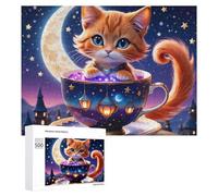 Puzzles 500 PCS pour Adolescents Magical Night Tea Cup Cat Puzzles pour Adultes Jeux Relaxants Difficulté Défi Éducatif Difficile 500 PCS