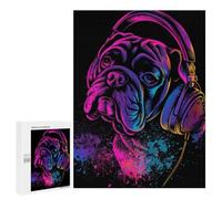 Puzzles 500 PCS pour Adolescents Neon Bulldog Headphones Art Print Puzzles pour Adultes Améliore La Mémoire Défi Éducatif Réduction du Stress Cadeaux 500 PCS