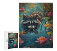 Puzzles 500 PCS pour Adolescents Raccoon in Water Lily Pond Puzzles pour Adultes Jeu De Réflexion Cadeau d'anniversaire Difficile À Compléter 500 PCS