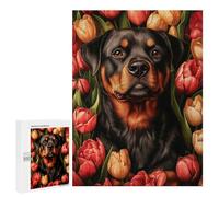 Puzzles 500 PCS pour Adolescents Rottweiler with Tulips Puzzles pour Adultes À Monter Soi-même - Jeux Éducatifs Et Amusants en Famille 500 PCS