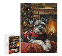 Puzzles 500 PCS pour Adolescents Schnauzer in Christmas Sweater by Fireplace Cozy Christmas Dog Art Puzzles pour Adultes À Monter Soi-même - Jeux Éducatifs Et Amusants en Famille 500 PCS