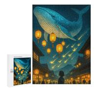 Puzzles 500 PCS pour Adolescents Whale in The Sky Over Japanese Town Puzzles pour Adultes Jeu De Réflexion Cadeau d'anniversaire Difficile À Compléter 500 PCS